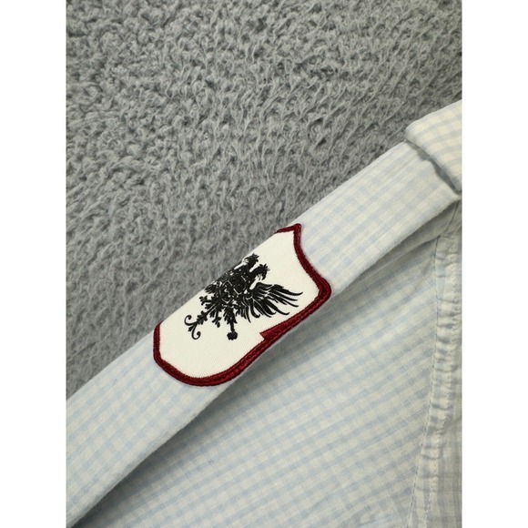 Irreverent Button Up Shirt Mens Large Blue Gingham Plaid Patch Work Flap Pockets - Picture 7 of 9